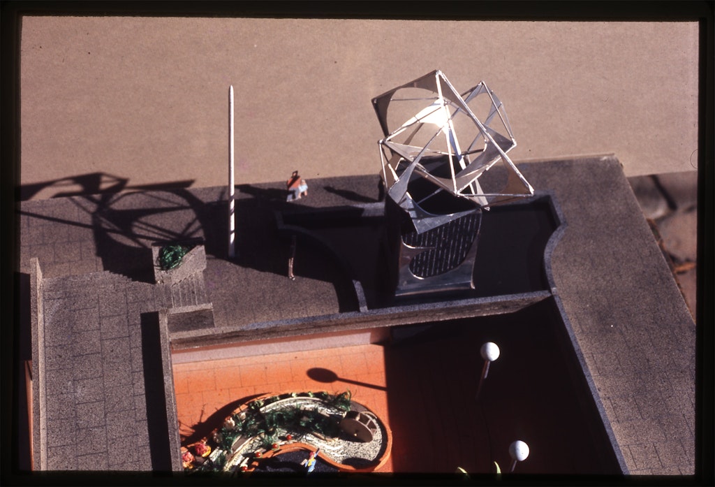Photograph showing the positioning within an architectural landscape of a "maquette for a large-scale sculpture":/collection/works/18.2003.14/ that was never realised. From the Margel Hinder archive at the National Art Archive | Art Gallery of New South Wales