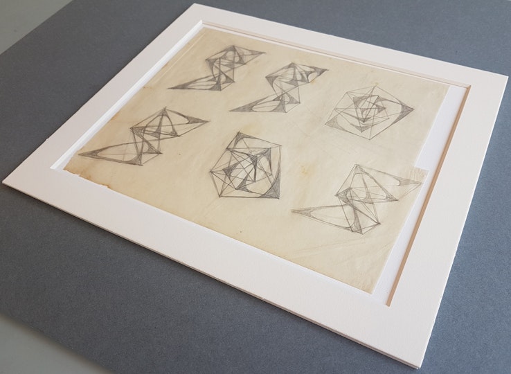 [w:76.1981[Six studies for abstract sculptures]], graphite drawings on tracing paper, after float-mounting