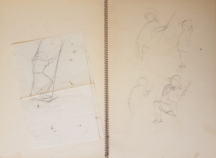 Drawings of children on swings from the Margel Hinder archive at the National Art Archive | Art Gallery of New South Wales