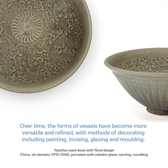 Curator text: Over time, the forms of vessels have become more versatile and refined,with methods of decorating including painting, incising, glazing and moulding.