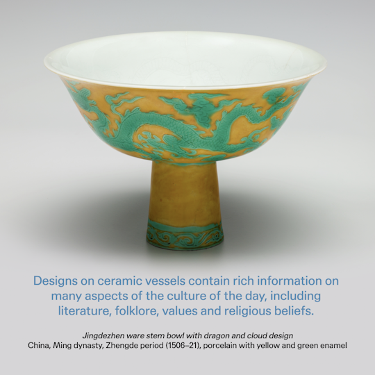 Curator text: Designs on ceramic vessels contain rich information on many aspects of the culture of the day, including literature, folklore, values and religious beliefs.