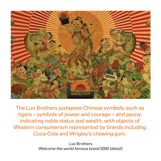 Curator text: The Luo Brothers juxtapose Chinese symbols, such as tigers - symbols of power and courage - and peony, indicating noble status and wealth, with objects of Western consumerism represented by brands including Coca-Cola and Wrigley's chewing gum.