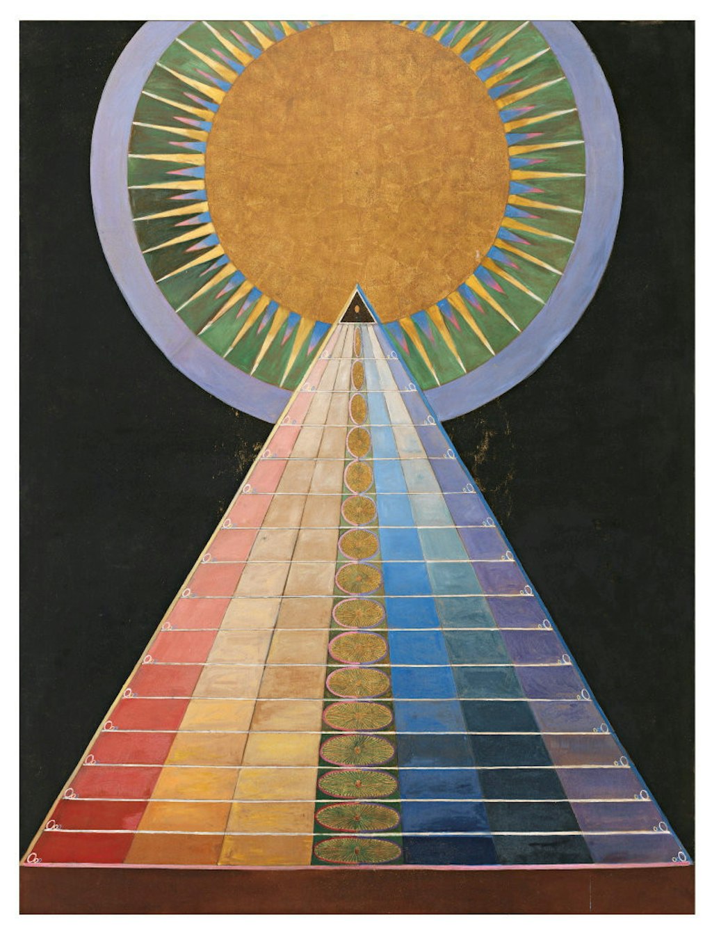 A multi-coloured triangle with a sun-like circle at its apex.