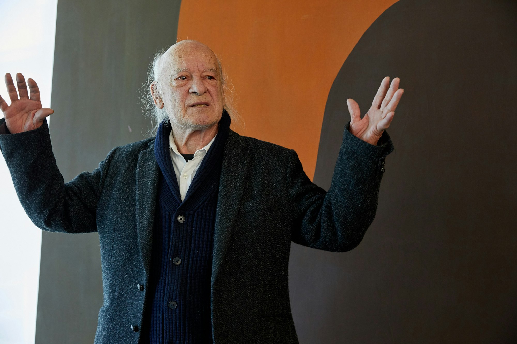 A balding man dressed in a white shirt and dark cardigan and coat in front of an abstract painting with his hands held up as he speaks.
