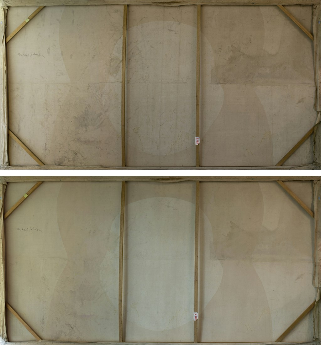 The back of the painting before (top) and after (bottom) cleaning