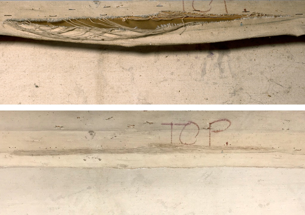 A tear in the canvas before (top) and after (bottom) repair