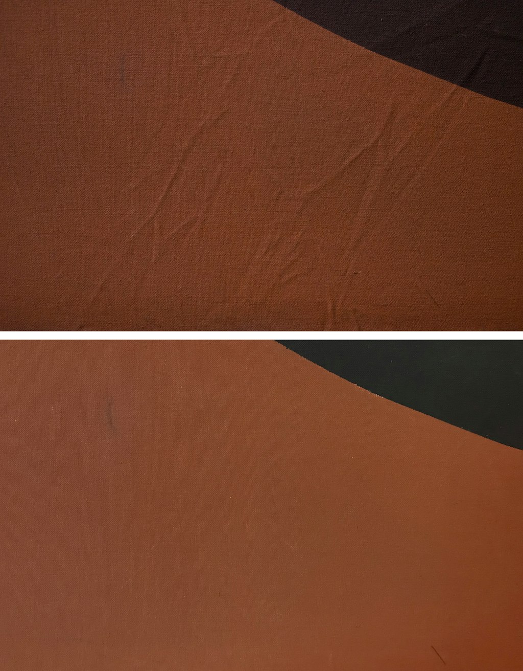Detail of an area with creases before (top) and after (bottom) treatment