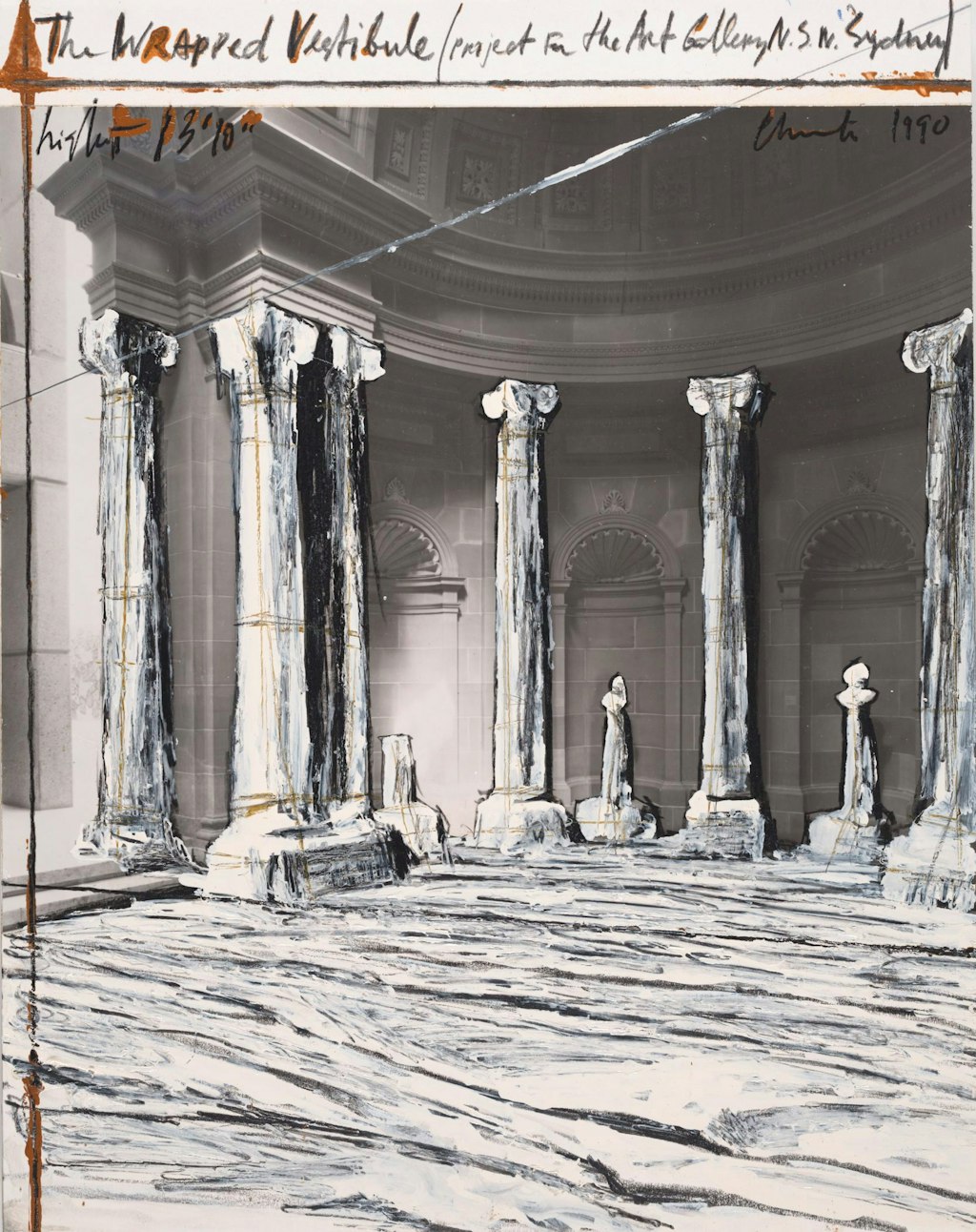 A black-and-white photograph of a vestibule has been drawn over so that fabric covers the columns and floor. Across the top is written 'The Wrapped Vestibule (concept for the Art Gallery NSW Sydney) height 13'10" Christo 1990