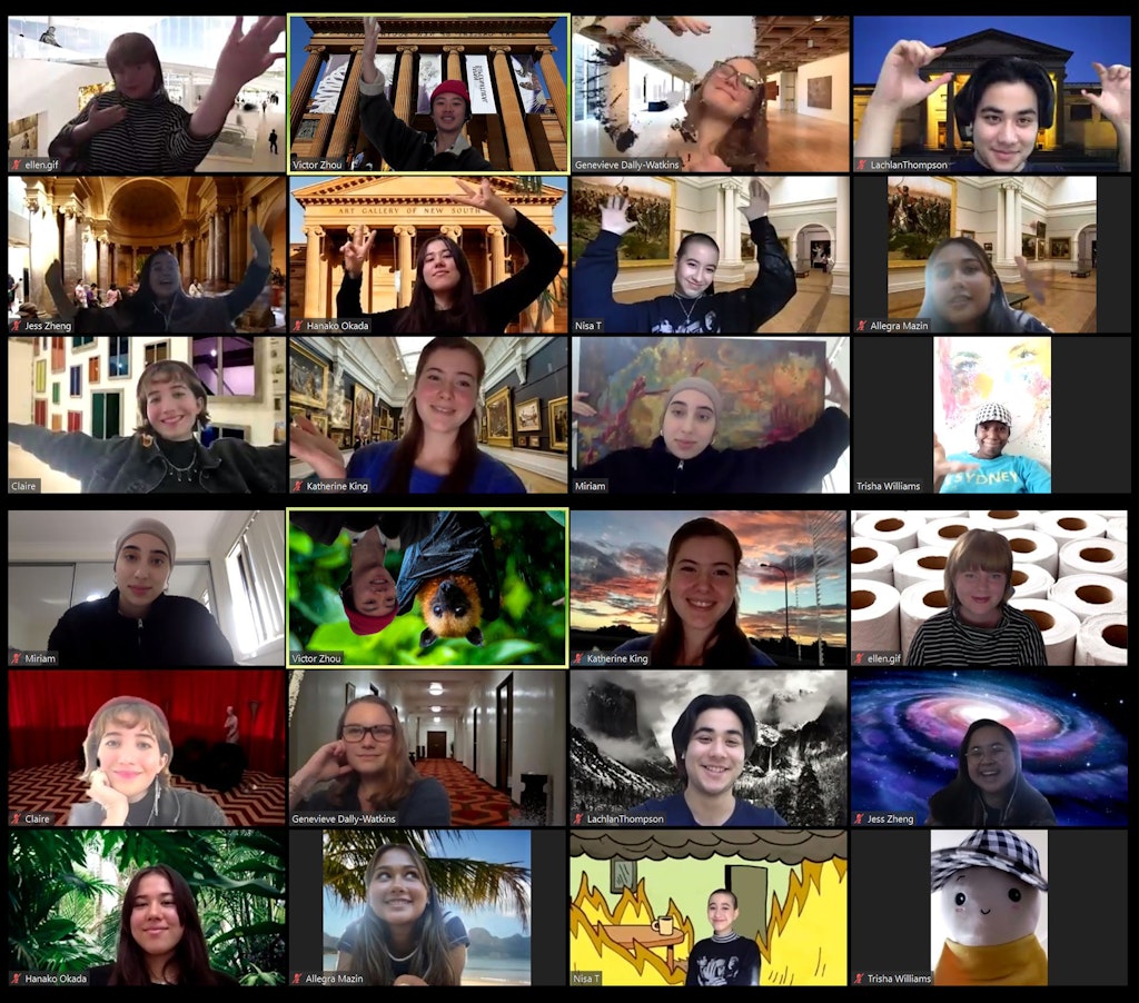A video chat screen of 24 windows, each with a different person against a different background. One of the people is represented by a stuffed toy animal.
