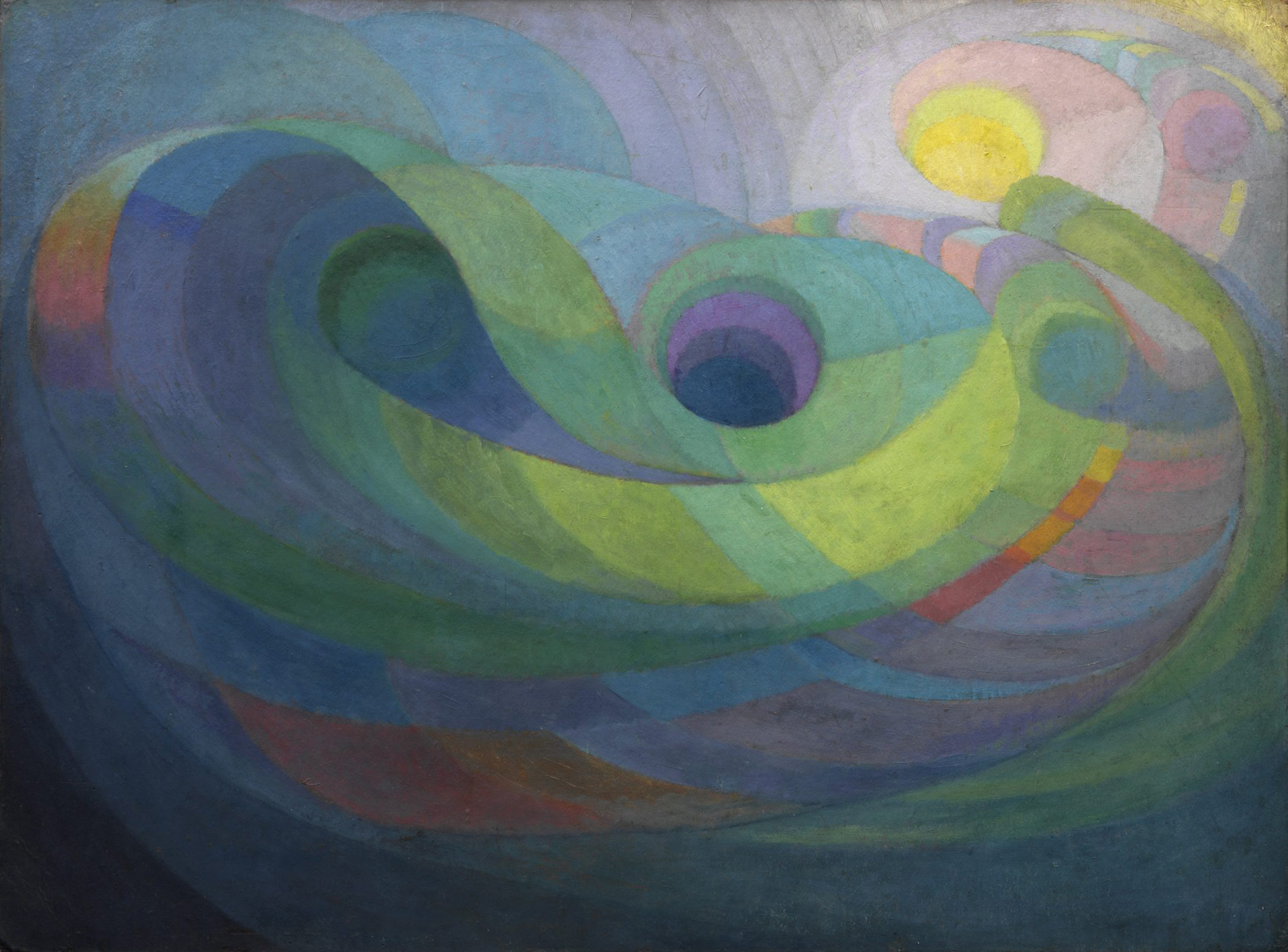 An abstract painting of long, looping swirls in shades of blue, green and purple with smaller areas of yellow and orange.
