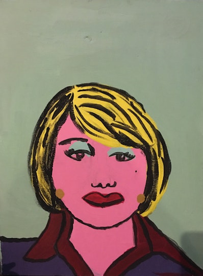 Painted portrait in pop-art style with thick black outlines of a woman with pink skin, yellow hair, a red shirt and purple top, wearing blue-green eyeshadow and red lipstick.