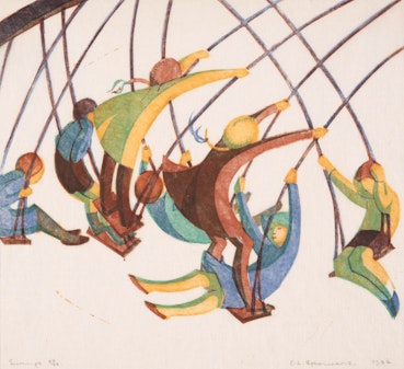 Colourful, stylised figures of seven children on swings.