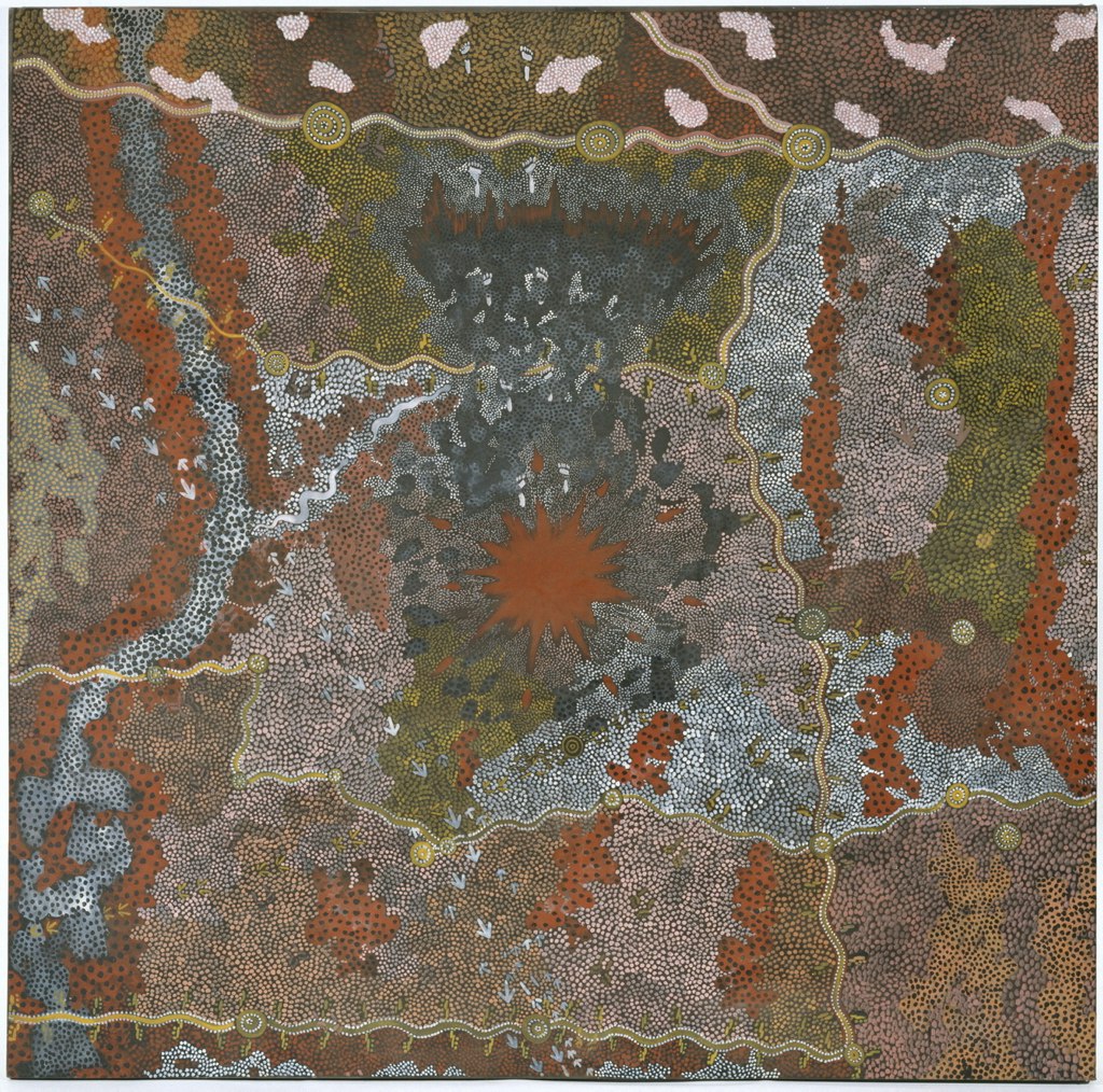 An Aboriginal painting featured dots and lines in a range of browns, greys and olive greens.
