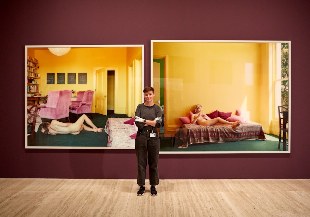 Olga Svyatova with Jeff Wall's [w:615.2014.a-b[Summer afternoons]] 2013, printed 2014, Art Gallery of New South Wales © Jeff Wall