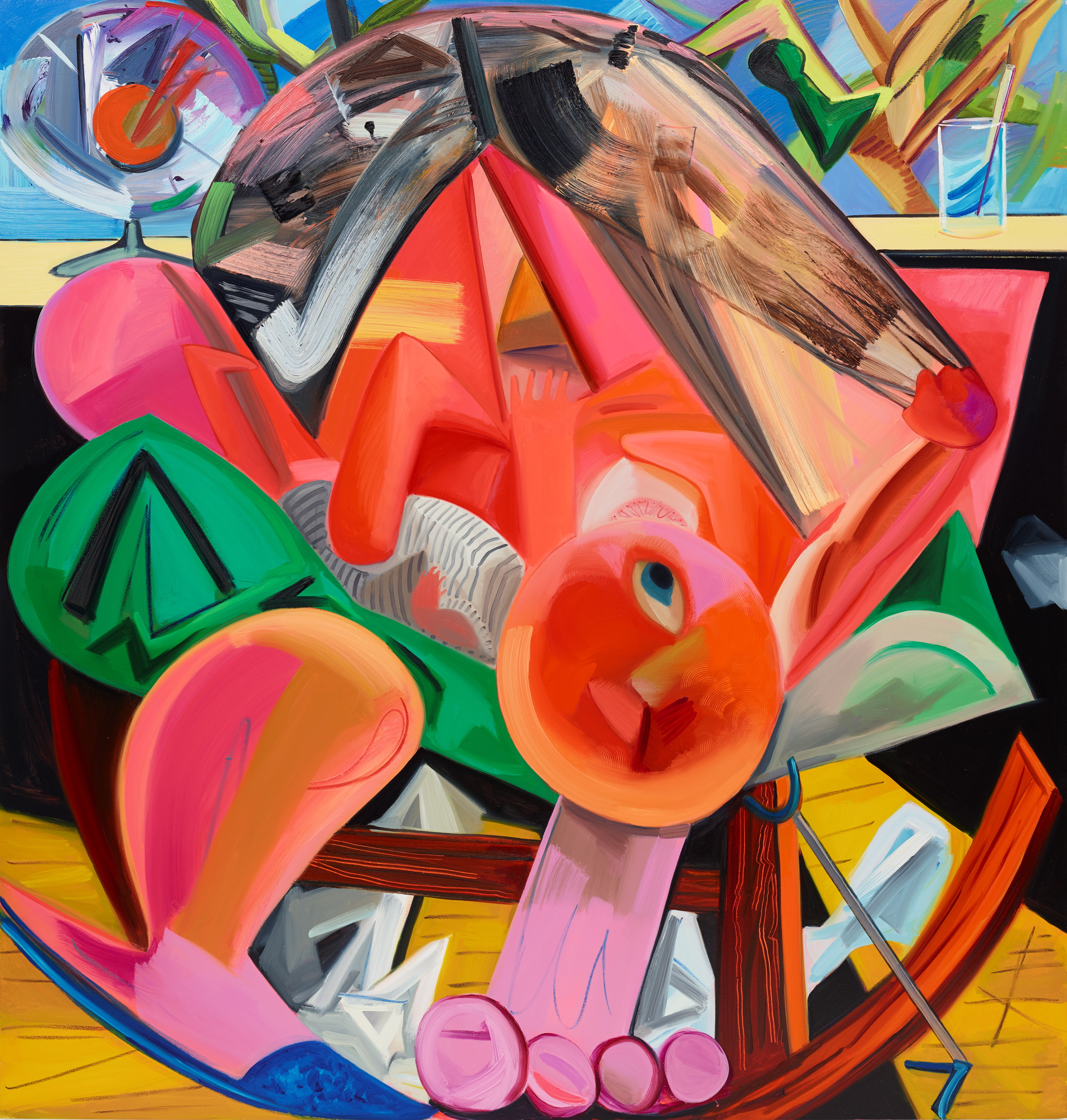 Brightly coloured abstract painting. Near the centre is a face with one eye open.