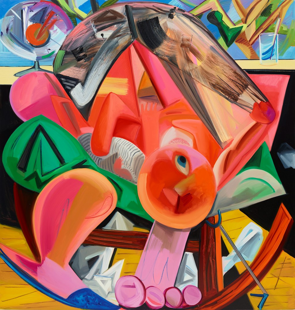 Brightly coloured abstract painting. Near the centre is a face with one eye open.