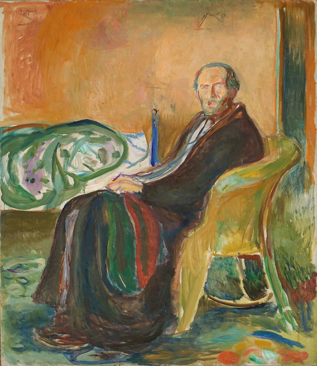 A colourful painting of a person sitting in a chair. They are wearing a long robe and have a blanket on their lap.