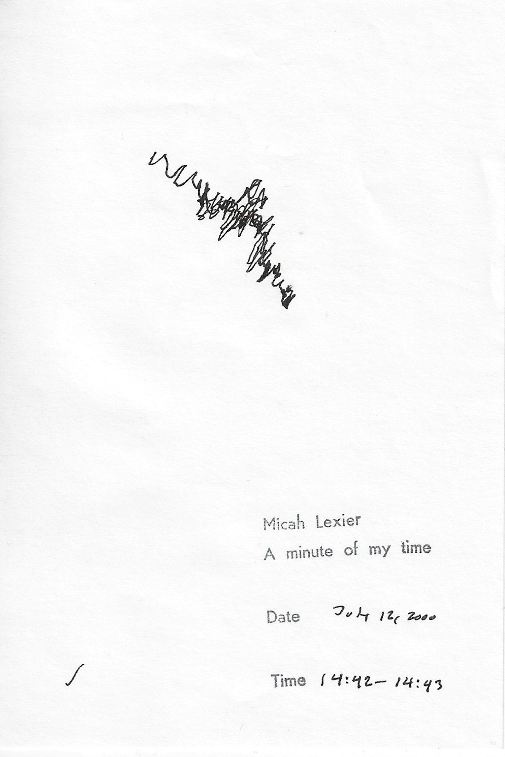 The drawing Micah Lexier used for his work [w:8.2019[A minute of my time (July 12, 2000 14:42–14:43)]] 2000, Art Gallery of New South Wales © Micah Lexier