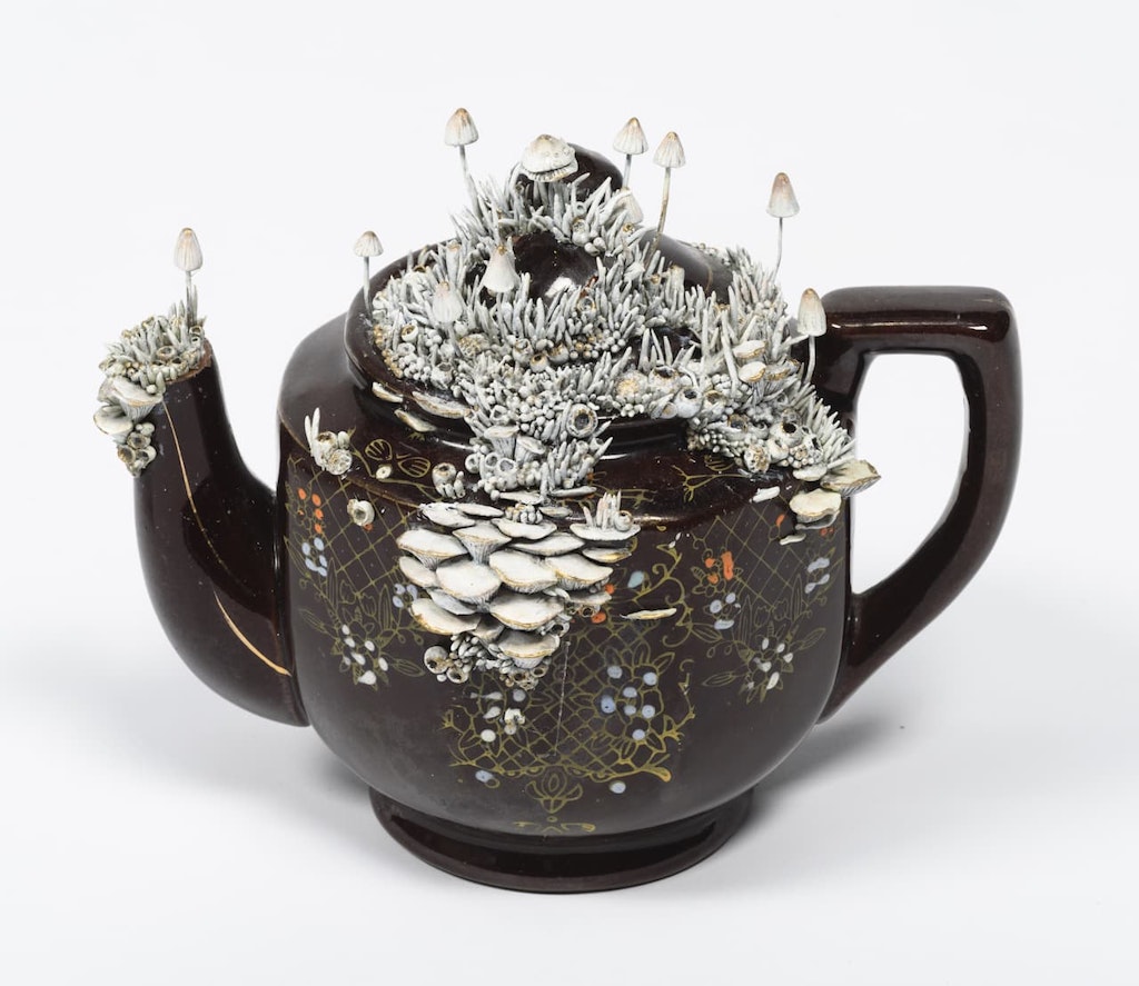A brown ceramic teapot sprouting ceramic shoots and fungi from its top and spout.