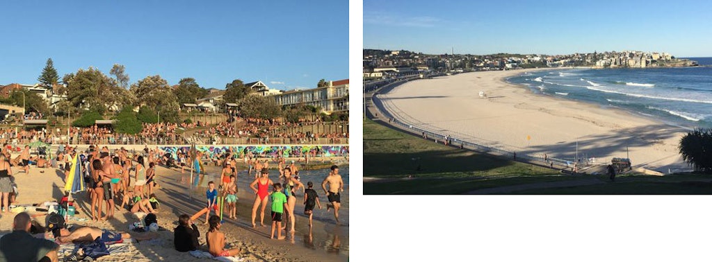 In one photo, crowds of people in swimwear sit and stand on a beach and adjacent hill. In the other, the full length of a beach can be seen, with noone on it.