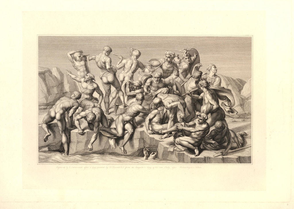 A print made by Luigi Schiavonetti of Artistotle da Sangallo’s ??Battle of Cascina??, after Michelangelo, in the British Museum. Photo © Trustees of the British Museum, "licensed under a Creative Commons Attribution 4.0 International license":https://creativecommons.org/licenses/by-sa/4.0/legalcode