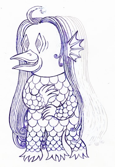 Incomplete drawing of a creature with a bird-like beak, long hair, fin-like ears and a scaled body with two arms and three legs.