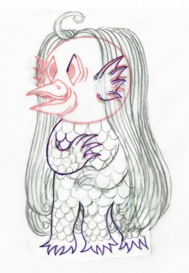 Reworked drawing of a creature with a bird-like beak, long hair, fin-like ears and a scaled body with two arms and three legs.