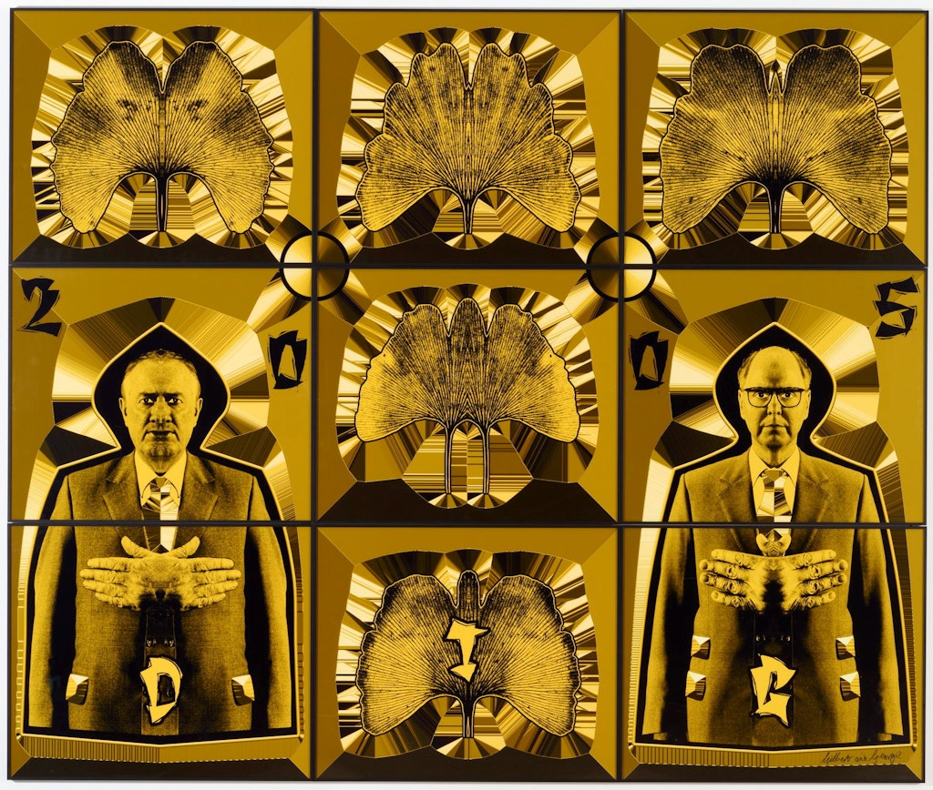 Nine-pannelled gold-and-black artwork with the figures of two people.