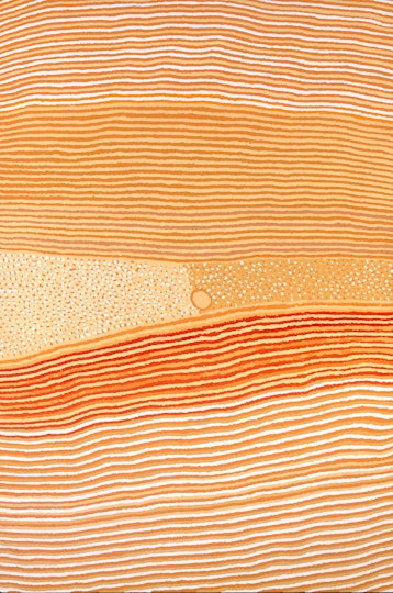 A multitude of horizontal lines in varying patterns of orange, yellow and white with a bisected section in the centre of dots.