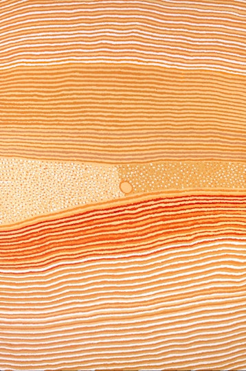 A multitude of horizontal lines in varying patterns of orange, yellow and white with a bisected section in the centre of dots.