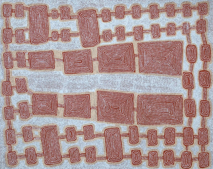 Many densely spaced white dots on red form the background on which are interconnected rectangulars formed by lines of white dots on red.