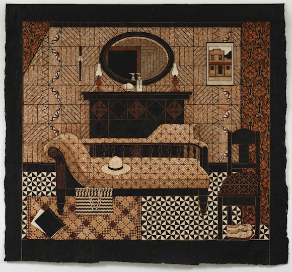 A living room depicted in shades of brown.