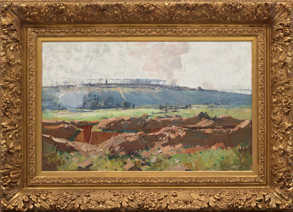 A landscape painting with a trench in field in the foreground and smoke rising from a hill in the background. It is contained in an ornate gold frame.