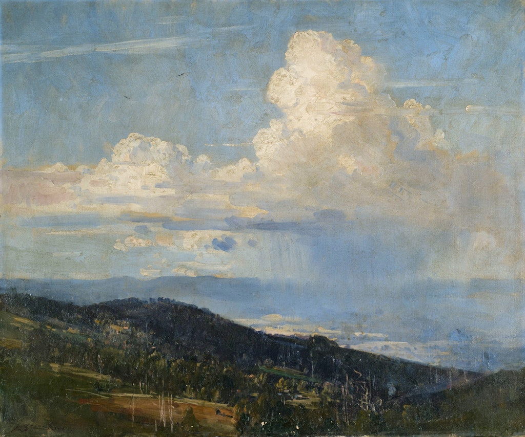 A blue sky with a large cloud from which rain falls on distant hills and pastures. There are green , sloping hills with trees in the foreground. The painting appears discoloured in sections.