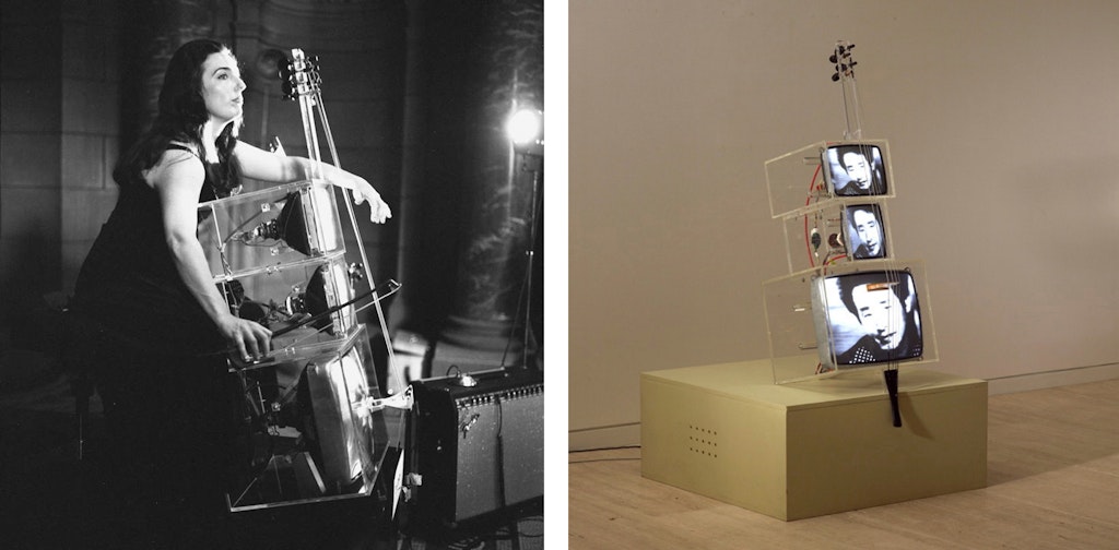 A black-and-white photo of a person with a cello-like instrument, and a photo of a cello-like object made of three TV screens in varying size clear boxes.