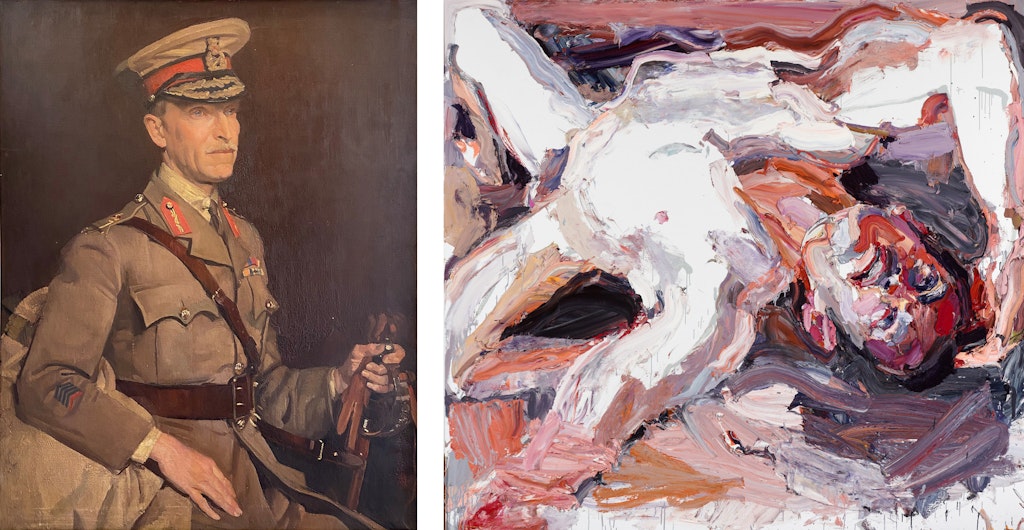 Portrait on the left is a seated, uniformed military officer. Portrait on the right is a naked person, lying in a twisted position.