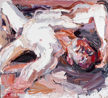 Portrait of a naked person, lying in a twisted position.