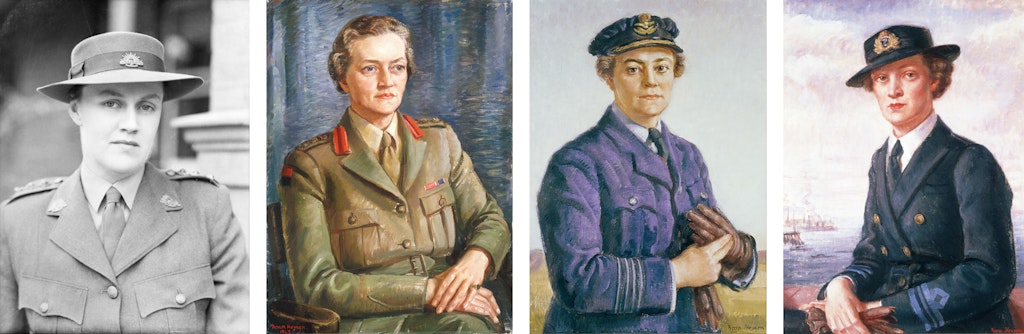 Four portraits of women in military uniform. The one on the left is a black-and-white photograph. The others are oil paintings.