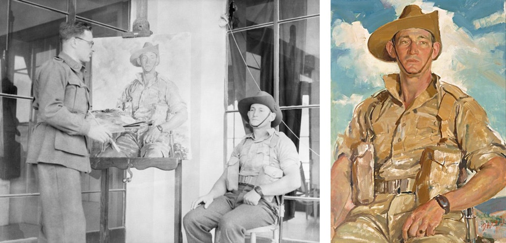A black-and-white photo of a uniformed person standing with paintbrush and palette in front of a portrait on an easel, next to which sits the uniformed portrait subject. Next to this is a colour oil painting of the completed portrait.