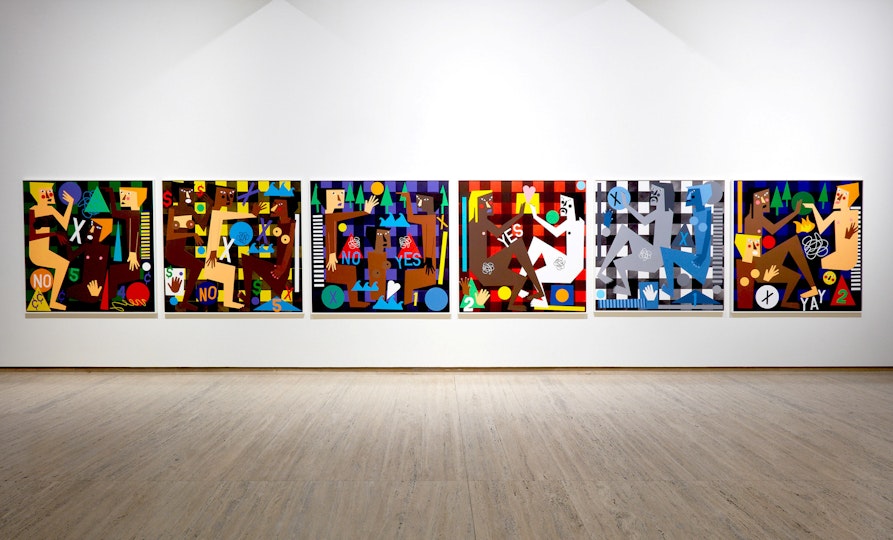 A series of six brightly coloured artworks hang on a gallery wall.