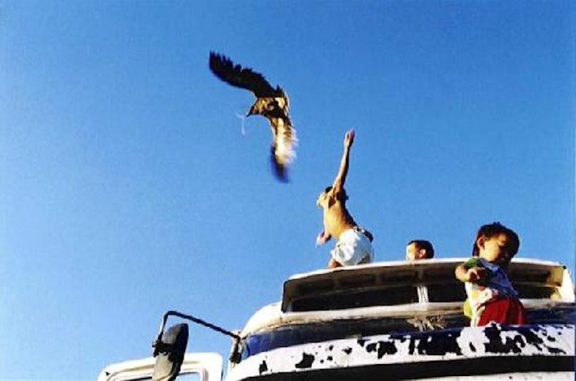 Three children stand on the bonnet of a truck. Above them is a cloudless sky and an eagle flies away with something in its beak.