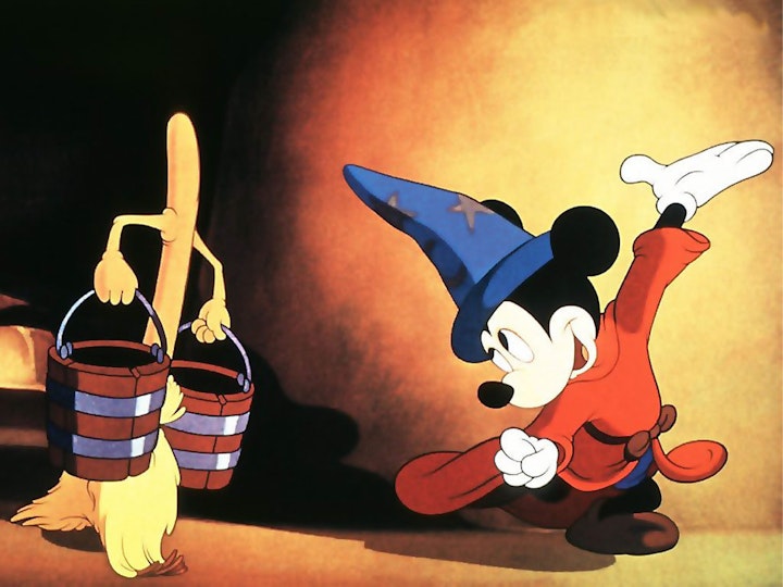 An animation of a broom carrying two pails of water and a mouse wearing magician's robes.