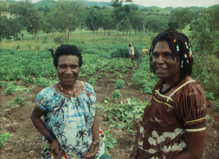 Two people with dark brown skin wearing colourful dresses are smiling. They are standing in a field.
