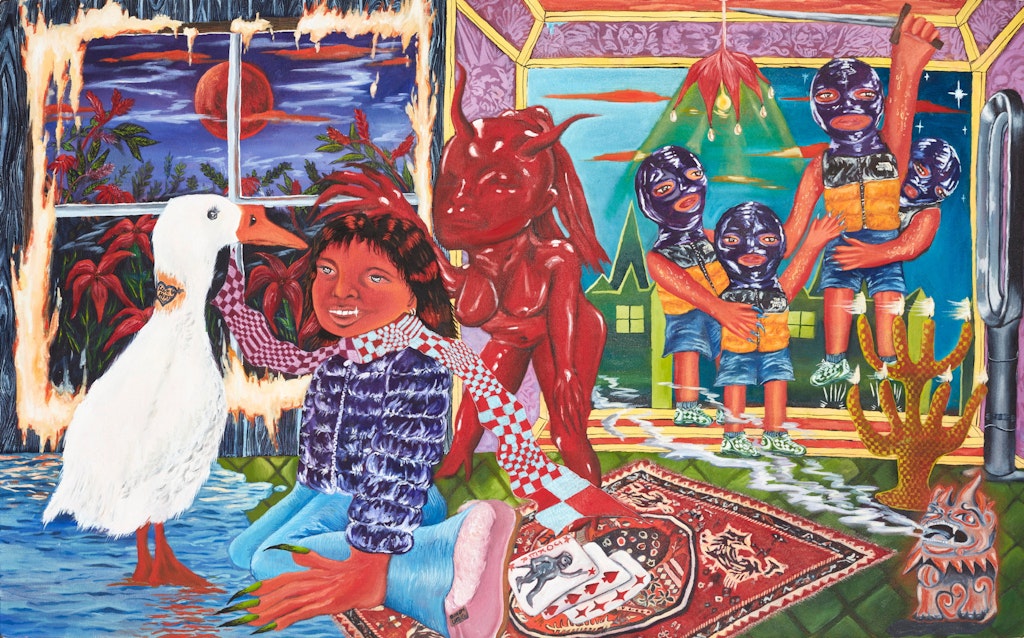 Jacquie Meng 'In my room there are no rules, the window breathes fire and the floor dreams of water' 2021 oil on canvas 75 x 122 cm Courtesy of the artist