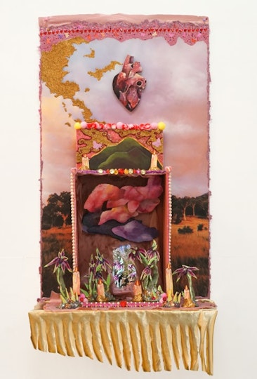 Emma Rani Hodges Age 25, Belconnen, ACT I learnt to tread more lightly 2021 clay, cardboard, oil paint, photographic print, sequins, glitter, 120 x 90 x 30 cm