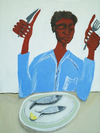 Mia Boe  Age 24, Melbourne, VIC  Man with sardines 2020  acrylic on linen, 60 x 45 cm 