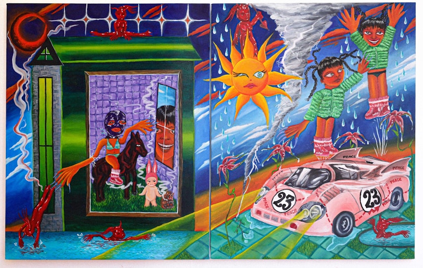 Jacquie Meng  Age 23, Watson, ACT  I know a place, everyone zooms through (diptych) 2021  oil on canvas, 75 x 121 cm 