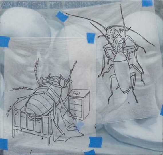 Two drawings of cockroaches on white paper, fastened by pieces of blue tape to a background on which there are images of bald-headed busts.