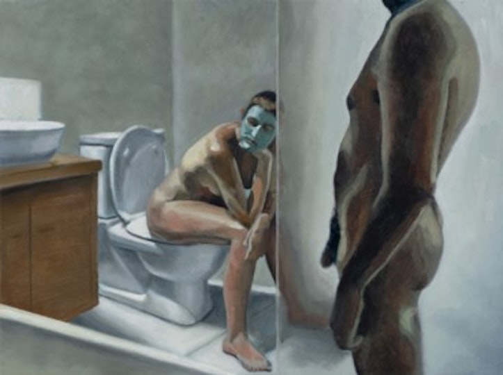 Shannon McCulloch  Age 26, Brunswick, VIC  Bathroom scene 2020  oil on marine ply, 30 x 40 cm 