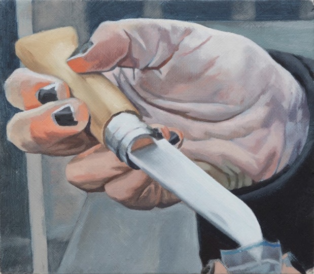 Shannon McCulloch  Age 26, Brunswick, VIC  Knife in hand 2021  oil on marine ply, 17.5 x 20cm 